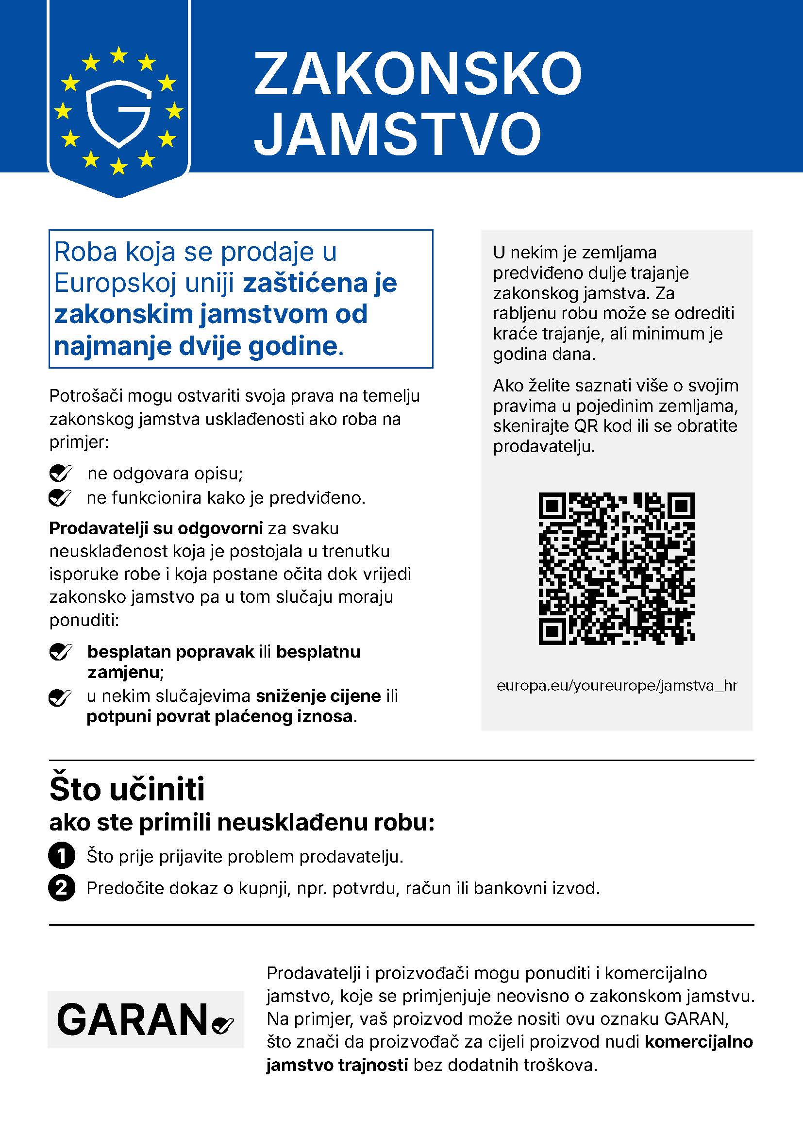 Informacije o zakonskom jamstvu u Europskoj uniji